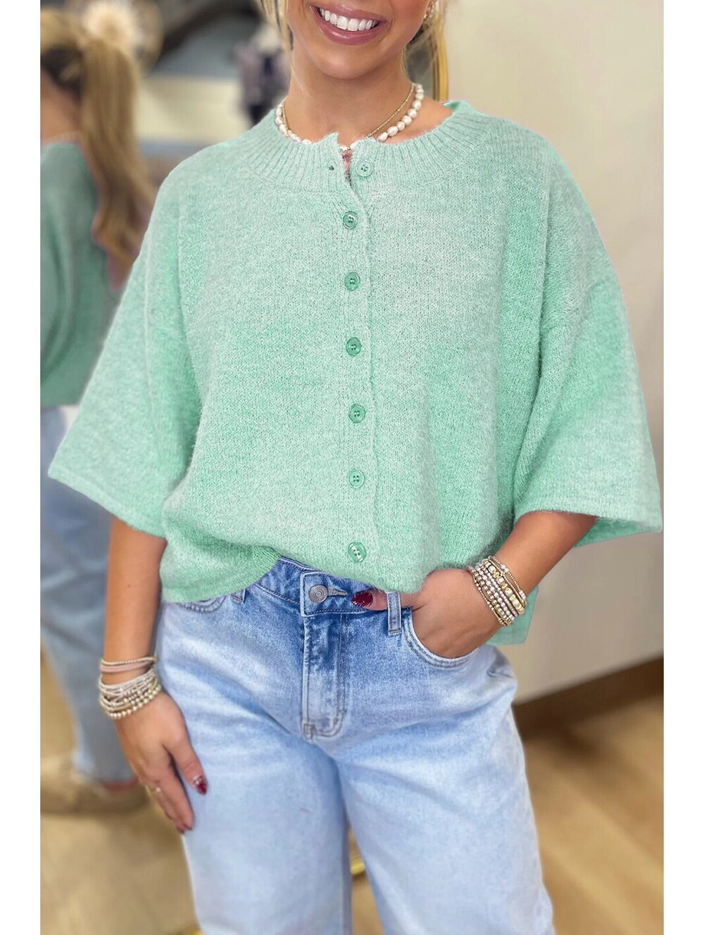 Mint Green Short Sleeve Button-Up Cardigan Sweater